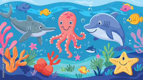 Sea life marine animals set with underwater landscape