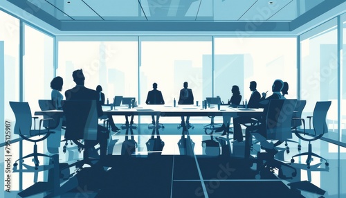 Illustration of Corporate Business Meeting, Executives in Strategy Session, Vector Sunrise Boardroom with City View, Team Collaboration and Leadership