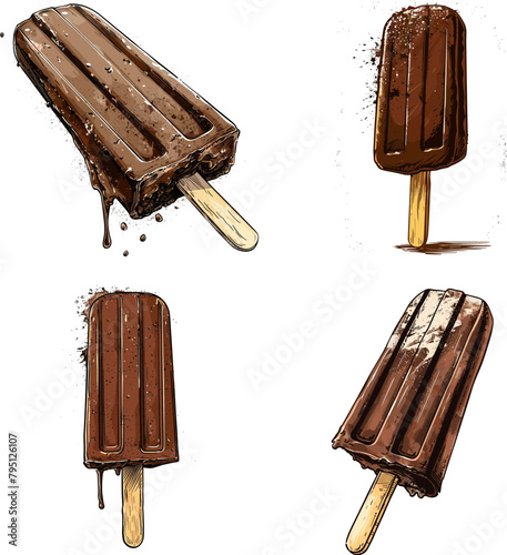 Engraving illustration Set of Chocolate popsicle isolated on white background