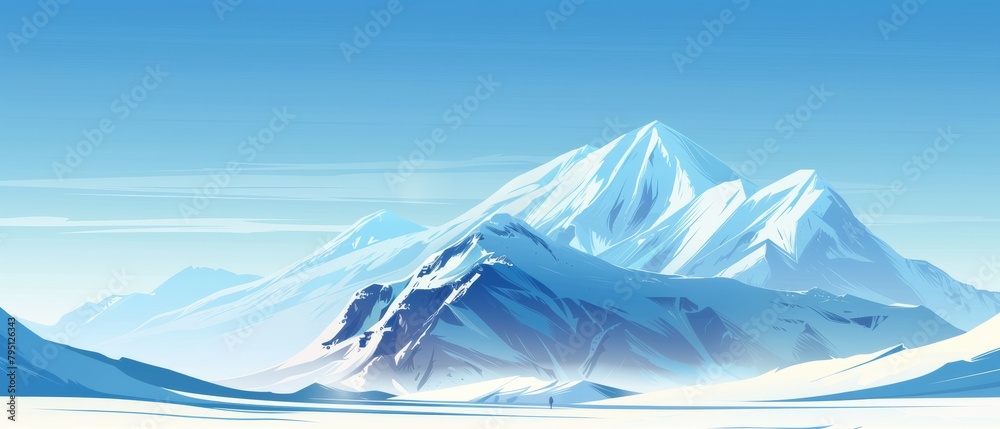 Illustration of Snowy Mountain Range, Tranquil Winter Landscape, Vector Minimalism in Nature, Alpine Serenity and Frosty Peaks