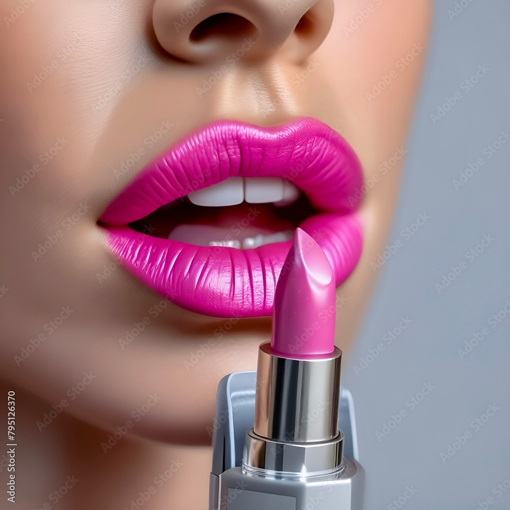 Obraz premium Close up of female lips with pink lipstick. 3D rendering.