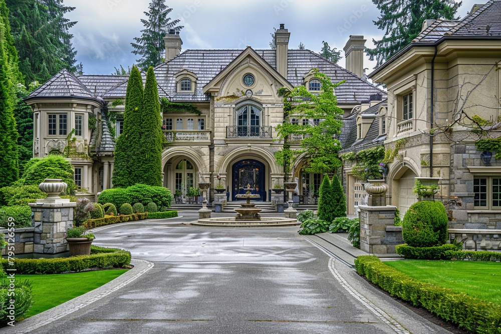 A luxurious mansion with a grand entrance, featuring intricate architectural details and a sweeping driveway.
