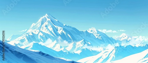 Illustration of Snowy Mountain Range, Tranquil Winter Landscape, Vector Minimalism in Nature, Alpine Serenity and Frosty Peaks