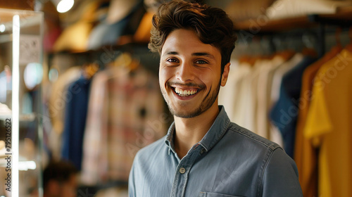 Portrait of smiling young male employee of a men's clothing store looking directly at the camera