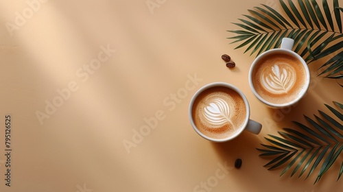 Two Cups of Coffee on Table With Palm Leaves