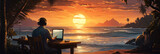A remote worker sitting on a beach with a laptop, enjoying a tropical paradise while working on a programming project.