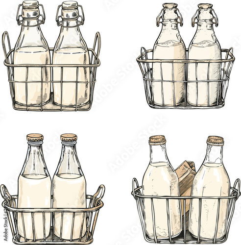 2 bottle of milk in a special metal basket Color engraving raster illustration isolated on white background