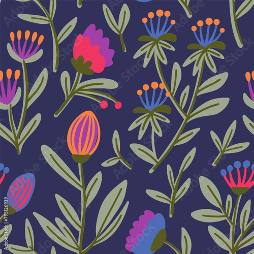Folk Floral Fantasy Seamless Pattern with agapanthus and tulip