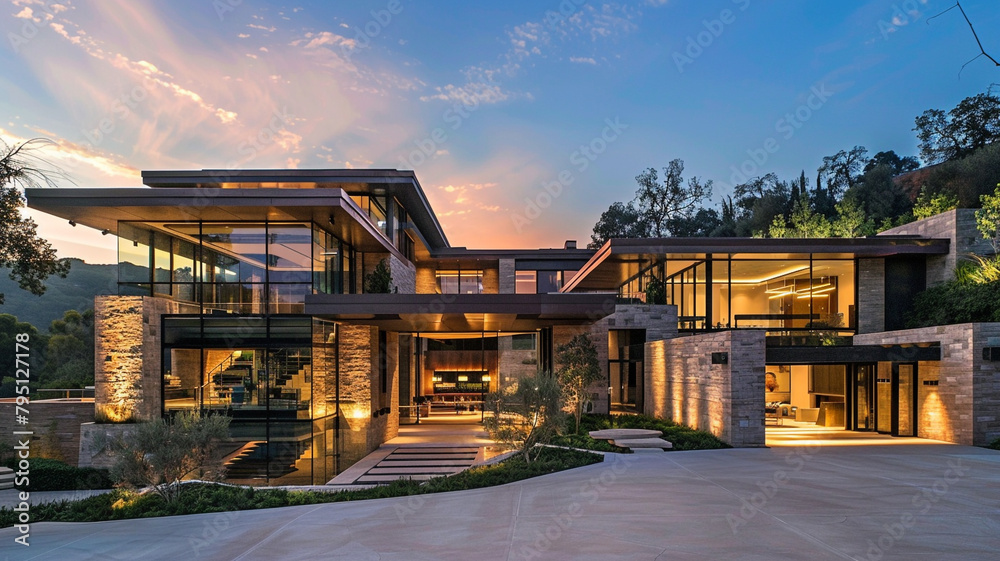 A luxurious modern mansion with a grand entrance, featuring a combination of glass, steel, and natural stone materials against a backdrop of rolling hills.