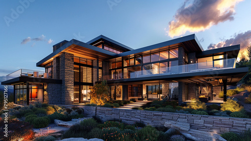 A luxurious modern mansion with a grand entrance, featuring a combination of glass, steel, and natural stone materials against a backdrop of rolling hills.