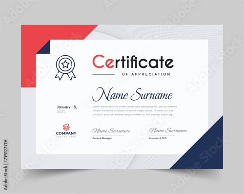 Red Certificate of appreciation, Clean modern certificate with a badge, Certificate vector template (ID: 795127719)