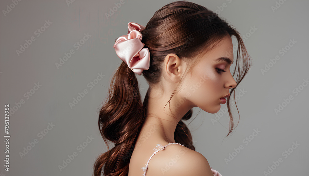 Woman with silk scrunchies on ponytail against grey background Woman with silk scrunchies on ponytail against grey background