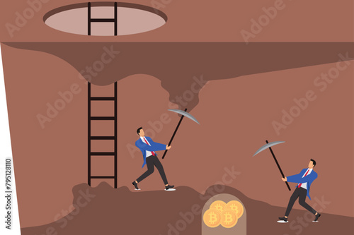 Bitcoin mining, two businessmen holding pickaxes to dig underground bitcoins
