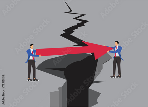 Businessman holding a longer arrow to help him cross the gully and overcome difficulties