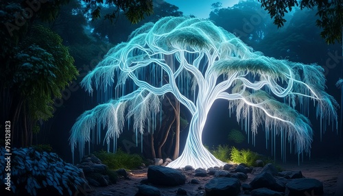 Enchanted Jungle: A Giant Weeping Willow with Surreal, Glowing White Branches"