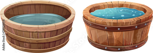 Cartoon wooden tub. Wood vats with hot water, rustic baths woodens basins round handmade bathtub