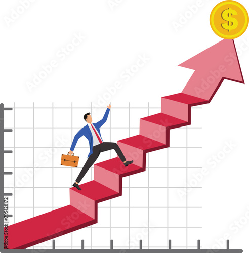Businessman running on red arrow and infographic, concept of career development and business growth