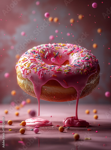 Frosted sprinkled donut on pink background.