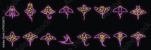 Stingray icons set outline vector. Ocean fish. Marine life neon color on black