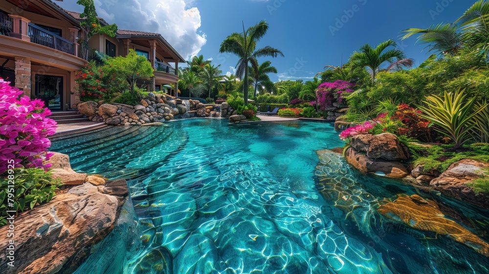 Swimming Pool Surrounded by Plants and Flowers