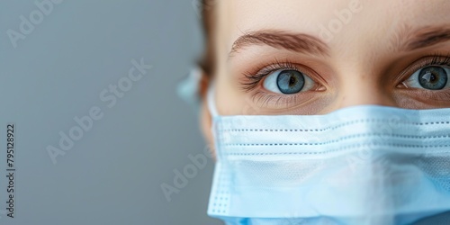 Close up portrait of pretty confident female doctor or scientist wearing medical protective facial mask over grey background. Eye of young woman physician. Medicine, profession and healthcare concept photo