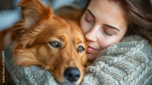 Woman Hugging Dog With Eyes Closed