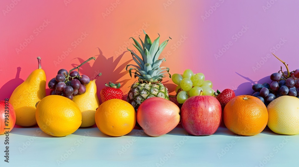 A colorful lineup of fresh fruits in a studio backdrop A colorful lineup of fresh fruits in a studio backdrop