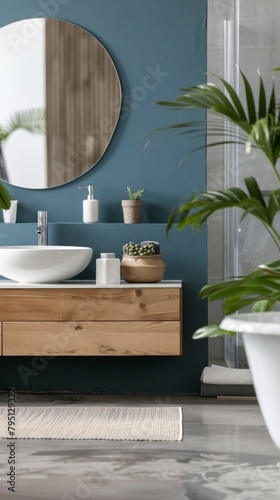 A bathroom with a white sink and a mirror above it