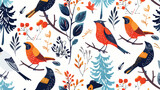 Seamless pattern with wild forest birds on white background