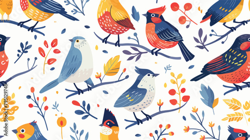 Seamless pattern with wild forest birds on white background