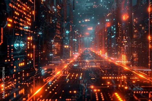 Explore an abstract technological background featuring a matrix of interconnected nodes, pulsating energy streams, and holographic displays symbolizing neural networks