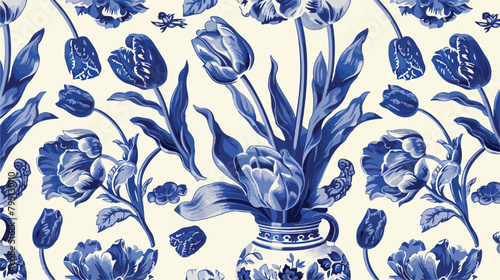 Seamless vector delftware pattern with tulips  #795130110
