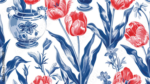 Seamless vector delftware pattern with tulips  #795130127