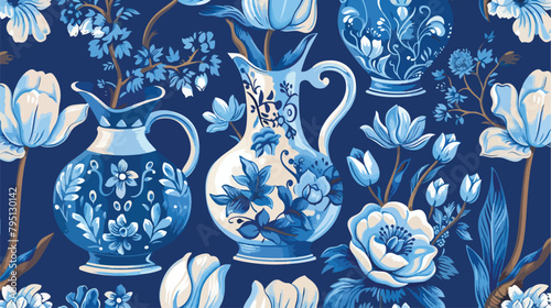 Seamless vector delftware pattern with tulips  #795130142