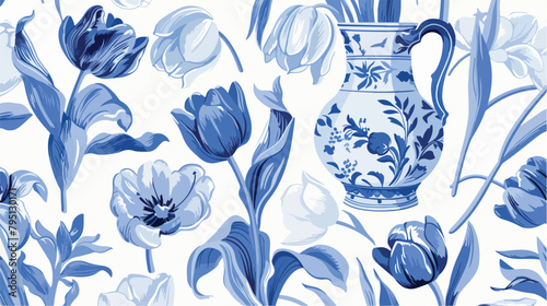 Seamless vector delftware pattern with tulips  photo