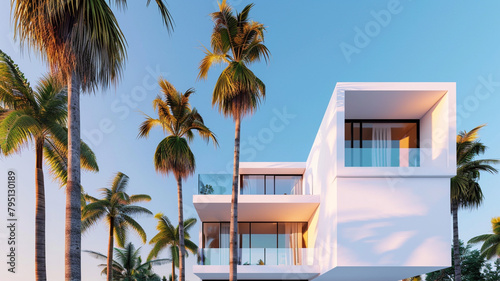 A minimalist modern residence with a flat roof and sleek white facade, nestled among tall palm trees swaying gently in the tropical breeze. © Ateeq