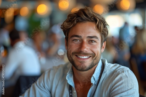 A man with a bright smile and casual attire sitting in a lively restaurant setting