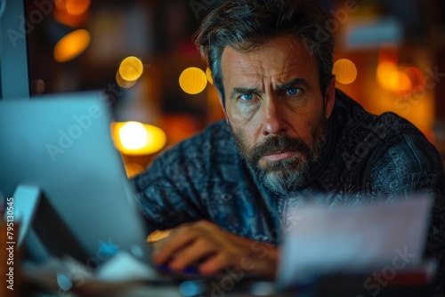 Intensely focused man working on a laptop at night showing determination