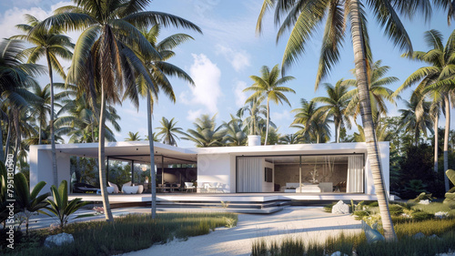 A minimalist modern residence with a flat roof and sleek white facade, nestled among tall palm trees swaying gently in the tropical breeze. © Ateeq
