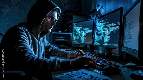 Man in hoodie sitting in front of two computer screens working late at night in office setting