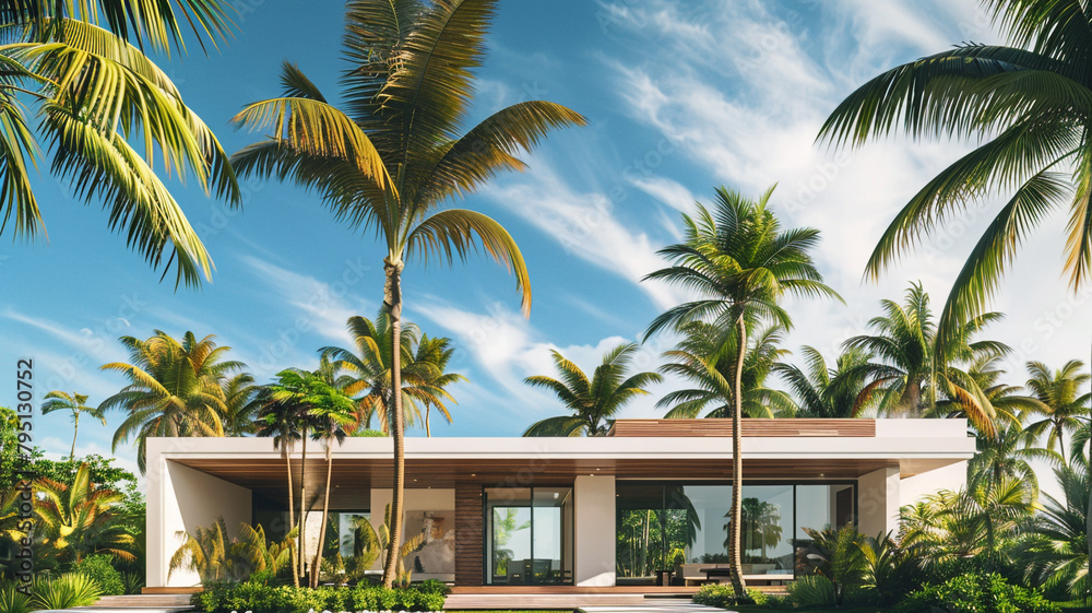 A minimalist modern residence with a flat roof and sleek white facade, nestled among tall palm trees swaying gently in the tropical breeze.