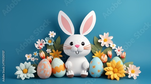 Cute illustrated Easter Bunny surrounded by decorated eggs and spring flowers