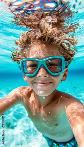 Cheerful caucasian boy child joyfully diving underwater for a playful swimming experience
