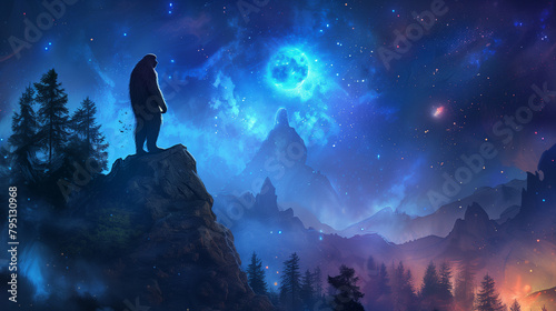 Mythical bigfoot standing on a mountain top art with a full moon