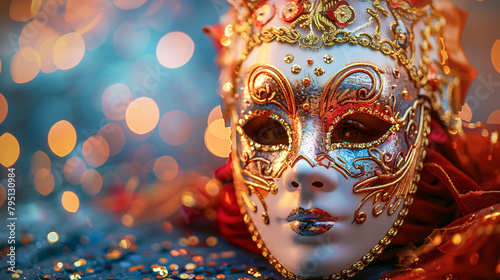Traditional female carnival venetian mask on table .