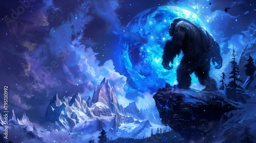 Mythical bigfoot standing on a mountain top art with a full moon photo