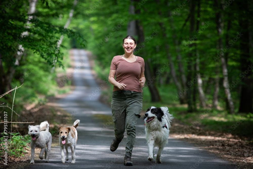 happy woman with her dogs in the forest happy woman with her dogs in the forest