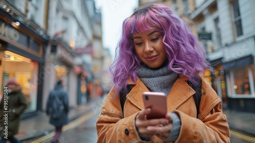 Woman With Purple Hair Looking at Cellphone
