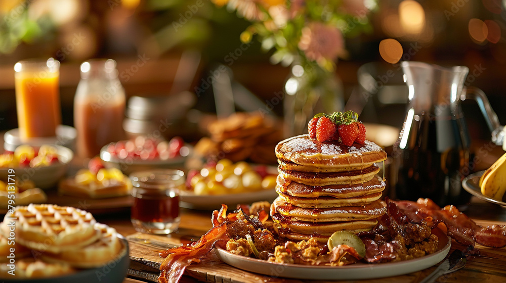 A lavish brunch spread featuring fluffy pancakes, crispy bacon, and golden waffles drizzled with maple syrup.