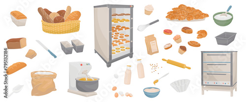 set elements about baking - bread, flour, electric bread oven, eggs, milk, croissant, donuts, baked goods, dough mixer, bowls